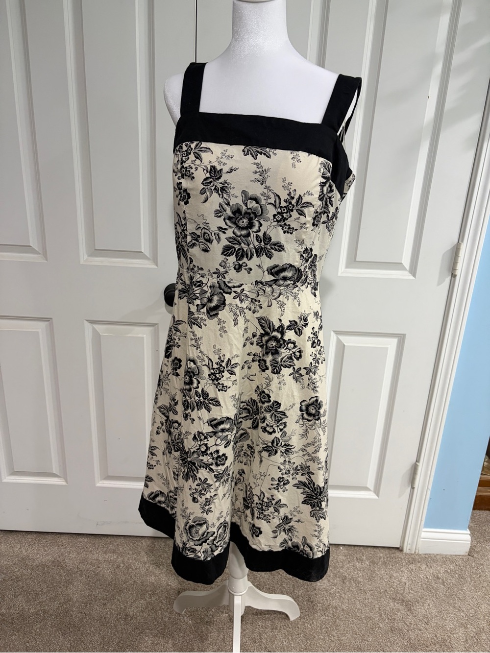 Black & Cream Floral Midi Dress with Square Neck